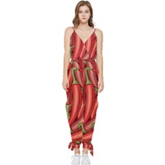 Seamless-chili-pepper-pattern Sleeveless Tie Ankle Chiffon Jumpsuit