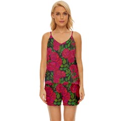 Seamless-pattern-with-colorful-bush-roses V-neck Satin Pajamas Set