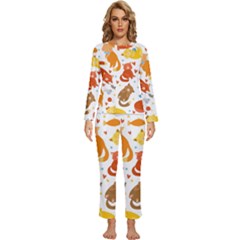 Seamless Pattern With Kittens White Background Womens  Long Sleeve Lightweight Pajamas Set