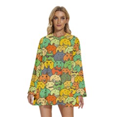 Seamless Pattern With Doodle Bunny Round Neck Long Sleeve Bohemian Style Chiffon Mini Dress