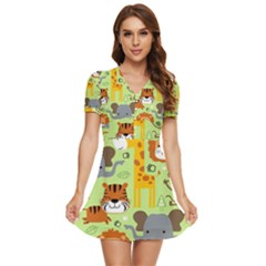 Seamless-pattern-vector-with-animals-wildlife-cartoon V-neck High Waist Chiffon Mini Dress by uniart180623