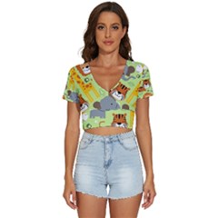 Seamless-pattern-vector-with-animals-wildlife-cartoon V-neck Crop Top