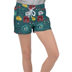 Seamless-pattern-hand-drawn-with-vehicles-buildings-road Women s Velour Lounge Shorts