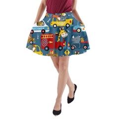 Seamless-pattern-vehicles-cartoon-with-funny-drivers A-line Pocket Skirt