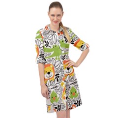 Seamless-pattern-with-wildlife-cartoon Long Sleeve Mini Shirt Dress by uniart180623