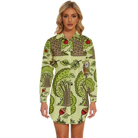 Seamless-pattern-with-trees-owls Womens Long Sleeve Shirt Dress by uniart180623