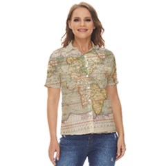 Old World Map Of Continents The Earth Vintage Retro Women s Short Sleeve Double Pocket Shirt