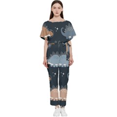 Dino Art Pattern Design Wallpaper Background Batwing Lightweight Chiffon Jumpsuit