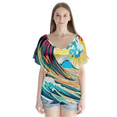 Waves Ocean Sea Tsunami Nautical Arts V-neck Flutter Sleeve Top