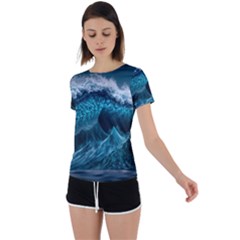 Tsunami Waves Ocean Sea Water Rough Seas Back Circle Cutout Sports Tee
