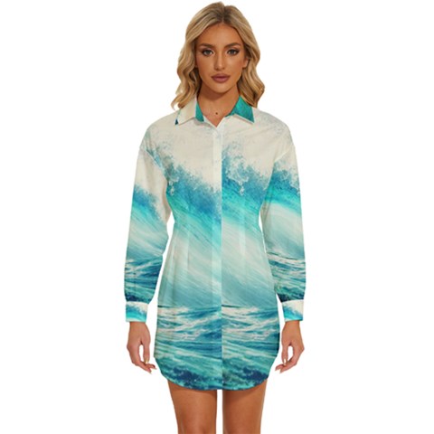 Tsunami Waves Ocean Sea Nautical Nature Water Nature Womens Long Sleeve Shirt Dress by uniart180623