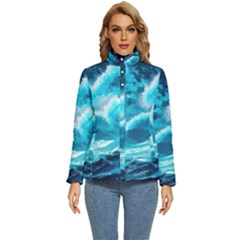 Ai Generated Waves Ocean Sea Tsunami Nautical Sea Women s Puffer Bubble Jacket Coat
