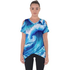 Tsunami Tidal Wave Ocean Waves Sea Nature Water Blue Painting Cut Out Side Drop Tee