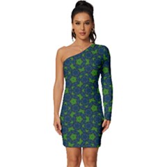 Green Patterns Lines Circles Texture Colorful Long Sleeve One Shoulder Mini Dress by uniart180623
