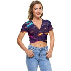 Night Sky Neon Spaceship Drawing Short Sleeve Foldover Tee