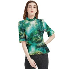 River Stream Flower Nature Frill Neck Blouse