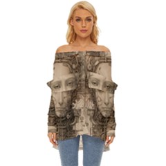Cyborg Robot Future Drawing Poster Off Shoulder Chiffon Pocket Shirt
