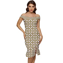 Mazipoodles Olive White Donuts Polka Dot Off Shoulder Ruffle Split Hem Bodycon Dress
