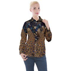 Peacock Plumage Bird Decorative Pattern Graceful Women s Long Sleeve Pocket Shirt