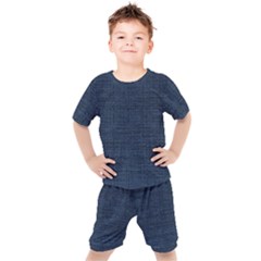 Digital Dark Blue Linen Kids  Tee And Shorts Set
