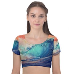 Artistic Wave Sea Velvet Short Sleeve Crop Top 