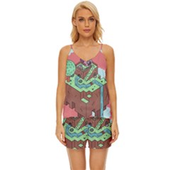 Minimal Digital Cityscape V-neck Satin Pajamas Set