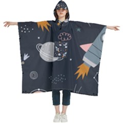 Space Background Illustration With Stars And Rocket Seamless Vector Pattern Women s Hooded Rain Ponchos