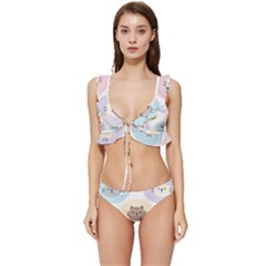 Cute Cat Seamless Pattern Background Low Cut Ruffle Edge Bikini Set