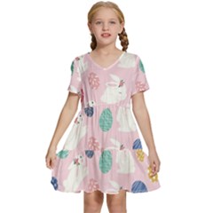 Cute Bunnies Easter Eggs Seamless Pattern Kids  Short Sleeve Tiered Mini Dress