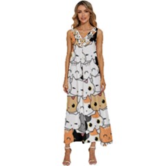 Cute Cat Kitten Cartoon Doodle Seamless Pattern V-neck Sleeveless Loose Fit Overalls