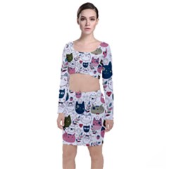 Pattern With Cute Cat Heads Top And Skirt Sets