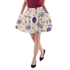 Cute Cats Doodle Seamless Pattern With Funny Characters A-line Pocket Skirt