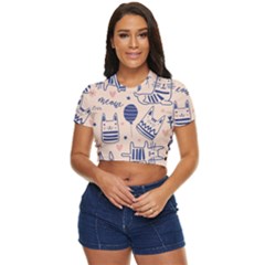 Cute Cats Doodle Seamless Pattern With Funny Characters Side Button Cropped Tee