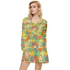 Seamless Pattern With Doodle Bunny Tiered Long Sleeve Mini Dress