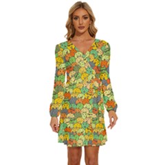 Seamless Pattern With Doodle Bunny Long Sleeve Waist Tie Ruffle Velvet Dress