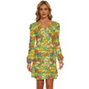 Seamless Pattern With Doodle Bunny Long Sleeve Waist Tie Ruffle Velvet Dress View1