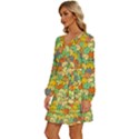 Seamless Pattern With Doodle Bunny Long Sleeve Waist Tie Ruffle Velvet Dress View2