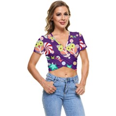 Owl Pattern Background Short Sleeve Foldover Tee