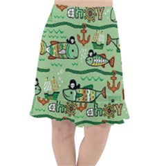 Seamless Pattern Fishes Pirates Cartoon Fishtail Chiffon Skirt
