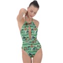 Seamless Pattern Fishes Pirates Cartoon Plunge Cut Halter Swimsuit View1