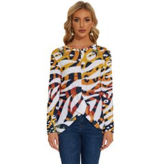 Abstract Geometric Seamless Pattern With Animal Print Long Sleeve Crew Neck Pullover Top