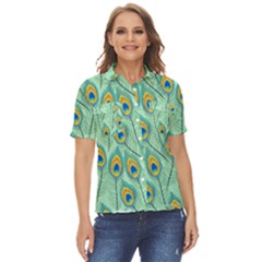 Lovely Peacock Feather Pattern With Flat Design Women s Short Sleeve Double Pocket Shirt