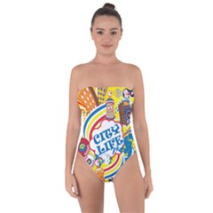Colorful City Life Horizontal Seamless Pattern Urban City Tie Back One Piece Swimsuit