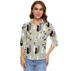 Cute Cat Seamless Pattern Women s Quarter Sleeve Pocket Shirt