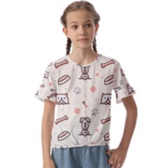 Pug-dog-cat-with-bone-fish-bones-paw-prints-ball-seamless-pattern-vector-background Kids  Cuff Sleeve Scrunch Bottom Tee