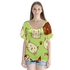 Cute-hand-drawn-cat-seamless-pattern V-neck Flutter Sleeve Top