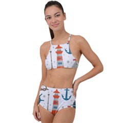Nautical-elements-pattern-background Halter Tankini Set