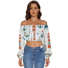 Nautical-elements-pattern-background Long Sleeve Crinkled Weave Crop Top