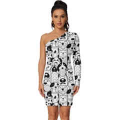 Seamless-pattern-with-black-white-doodle-dogs Long Sleeve One Shoulder Mini Dress by Simbadda