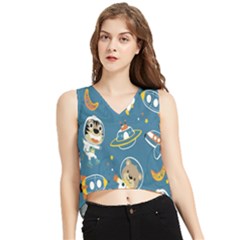 Seamless-pattern-funny-astronaut-outer-space-transportation V-neck Cropped Tank Top